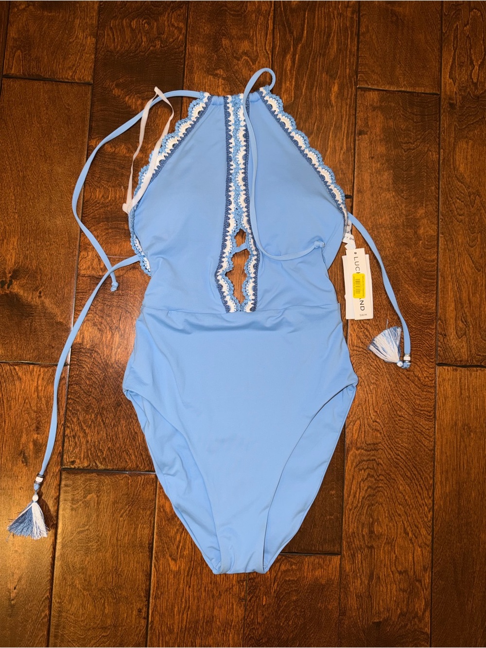 Lucky Brand Light Blue One-Piece Swimsuit with White Crochet Trim